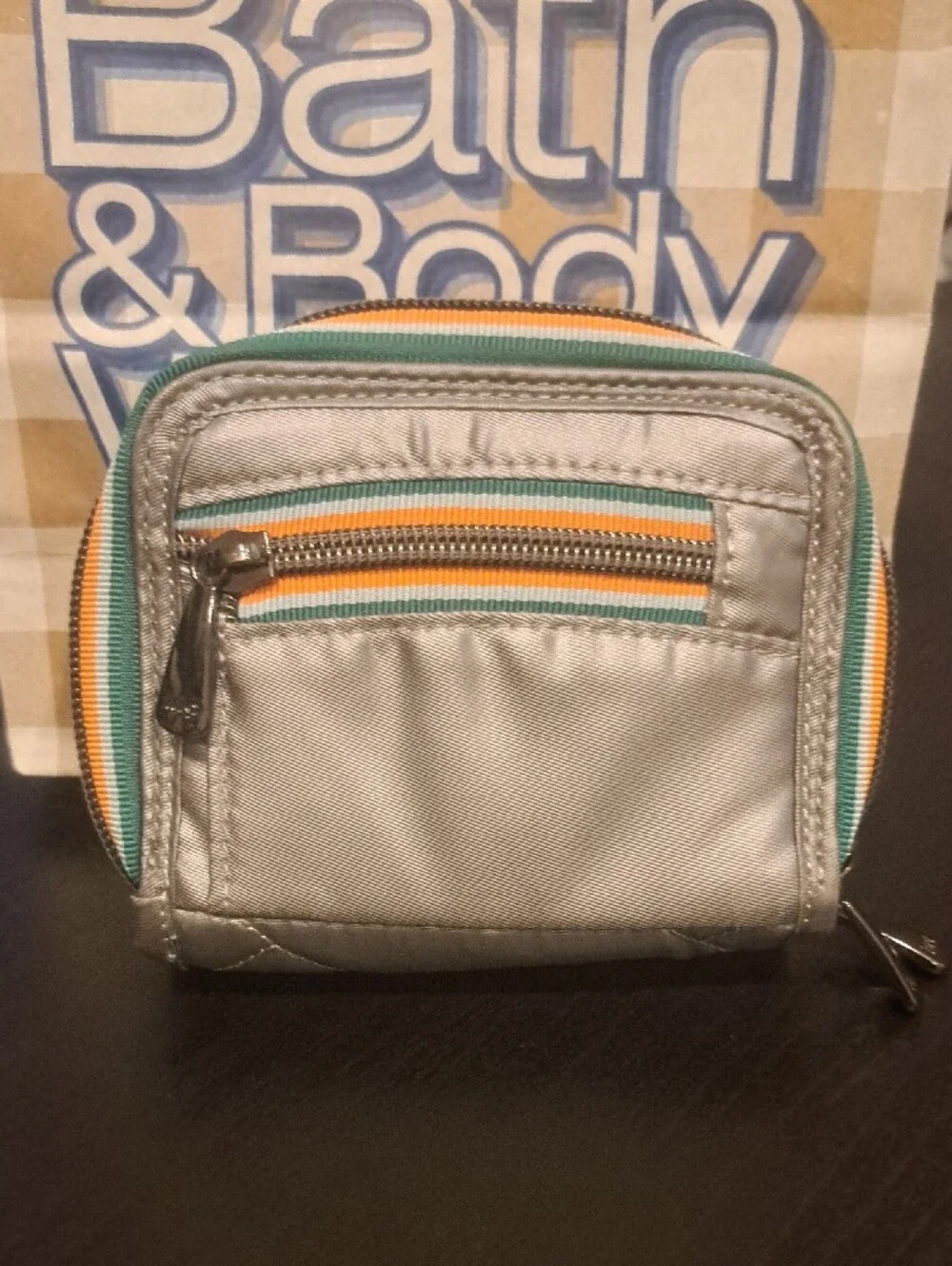 Lug Quilted Silver Wallet with Green and Orange Trim